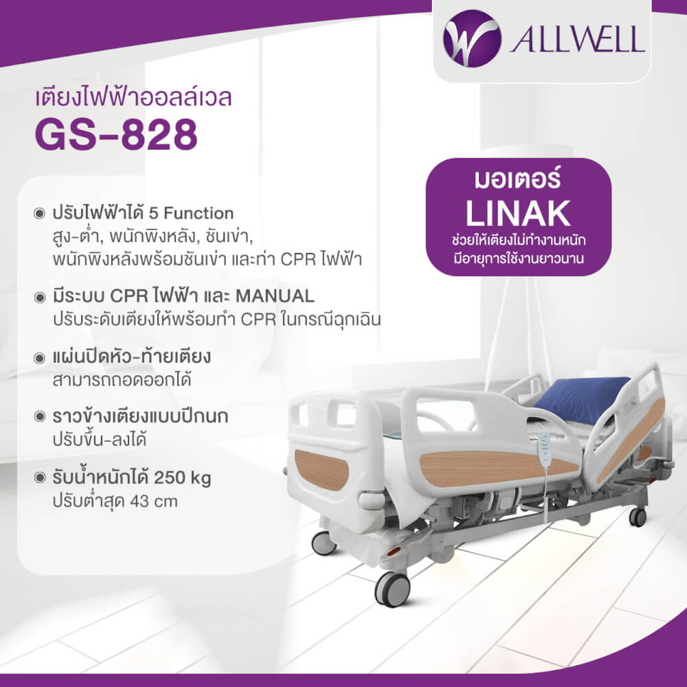 เตียงผู้ป่วย ปรับไฟฟ้า 3 ไกร์ ALLWELL รุ่น GS828  แถมที่นอนโฟม