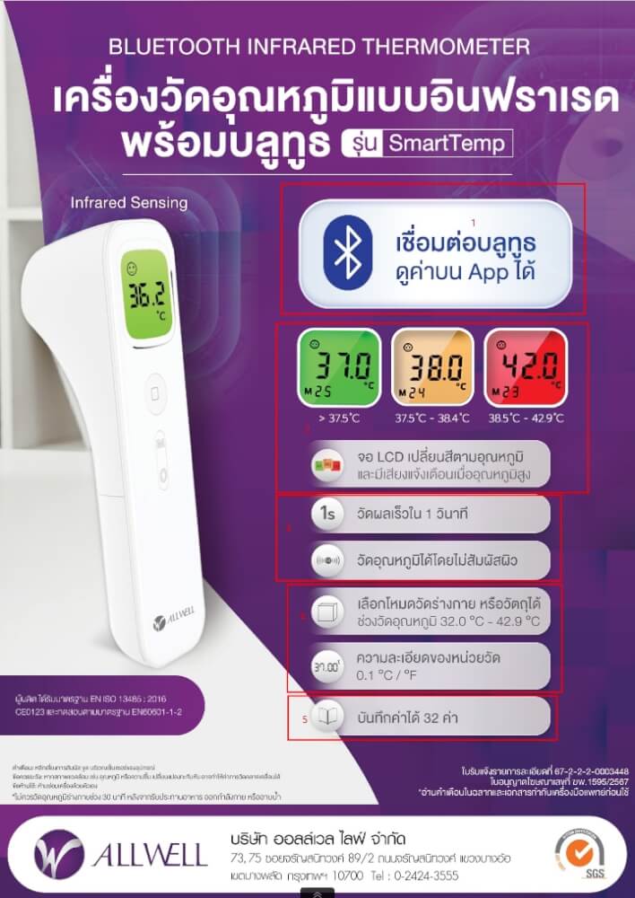  เครื่องวัดอุณหภูมิร่างกาย ALLWELL  รุ่น SmartTemp อินฟราเรด เชื่อม app ได้