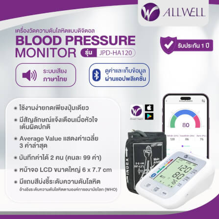 เครื่องวัดความดัน ALLWELL เชื่อมต่อมือถือ ระบบเสียงพูดภาษาไทย รุ่น JPD-HA120 สีขาว_1