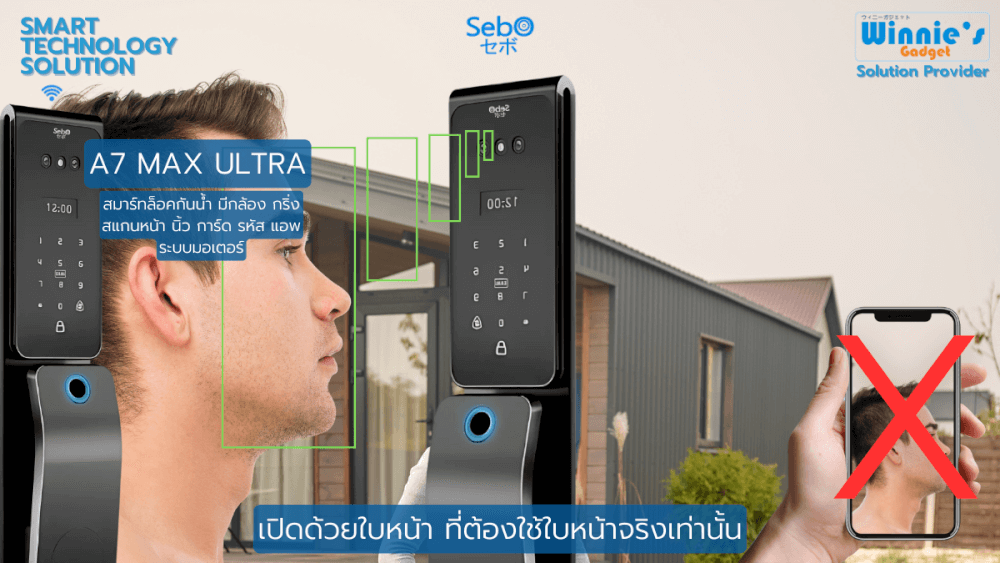 สมาร์ทล็อคประตูดิจิตอลกันฝน SebO JIDOOR A7 MAX ULTRA  IP65 พร้อมกล้องและกริ่ง สำหรับประตูดึงผลัก
