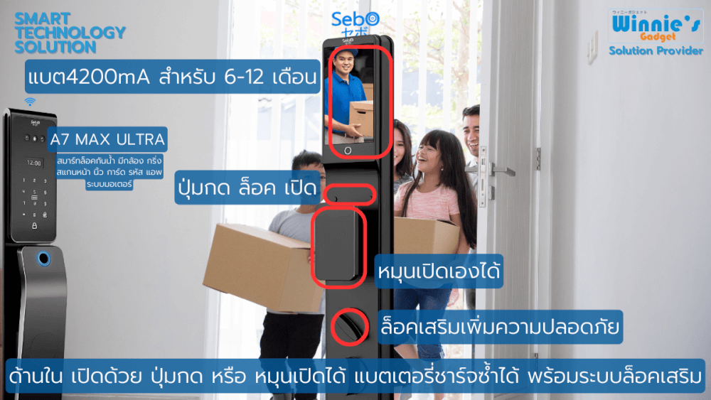 สมาร์ทล็อคประตูดิจิตอลกันฝน SebO JIDOOR A7 MAX ULTRA  IP65 พร้อมกล้องและกริ่ง สำหรับประตูดึงผลัก