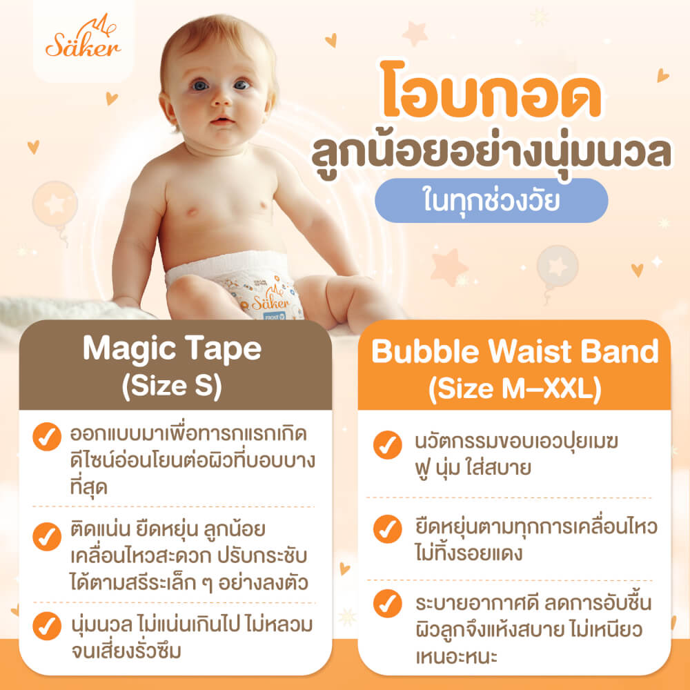 ผ้าอ้อมสำเร็จรูปแบบเทป SAKER ไซส์ S (4-8KG.) 1 ห่อ 24 ชิ้น  SAKER0197-S