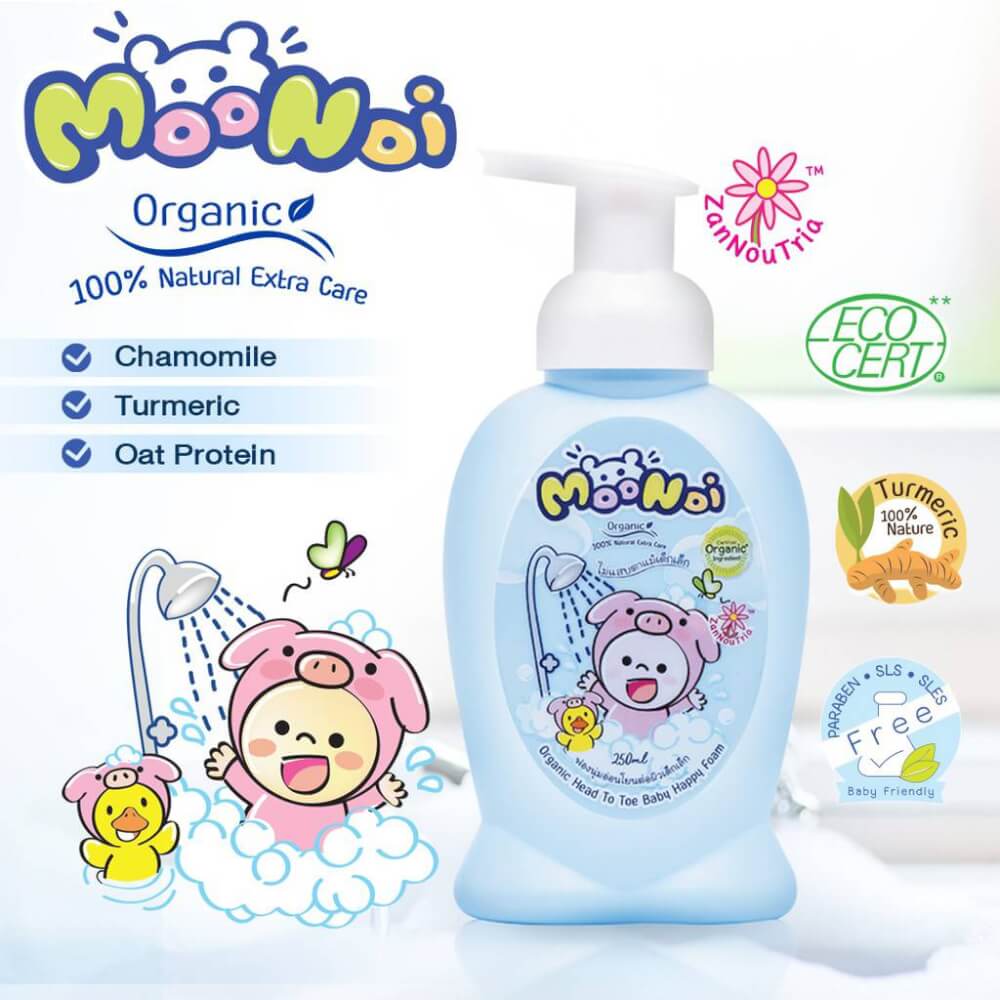 โฟมอาบน้ำสระผม ออร์แกนิค Moonoi ขนาด 250ml. สูตรพิเศษสำหรับเด็กผิวบอบบาง