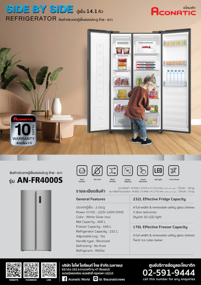 ตู้เย็น Side by Side Aconatic รุ่น AN-FR4000S ขนาด 14.1 คิว สีเทา