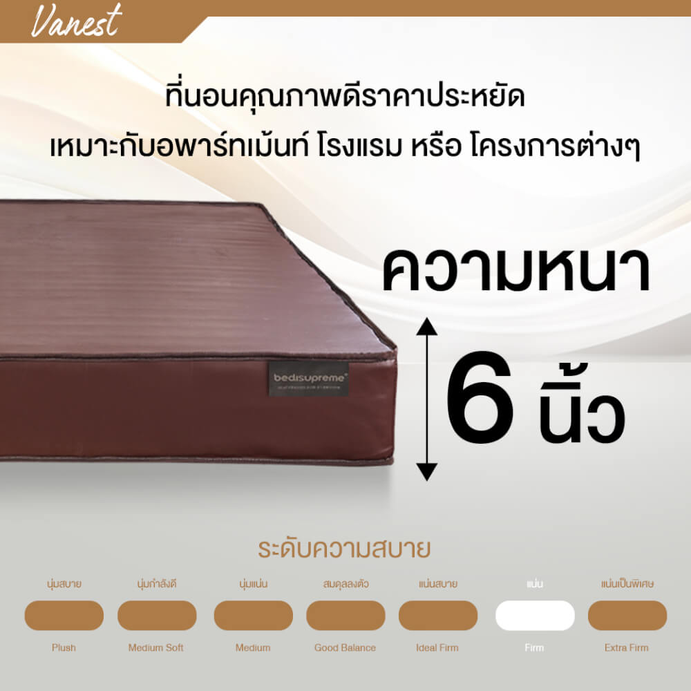 ที่นอนยางPE 3 ฟุต BEDIUPREME หุ้มหนังPVC สีน้ำตาล รุ่น VANEST หนา 6 นิ้ว