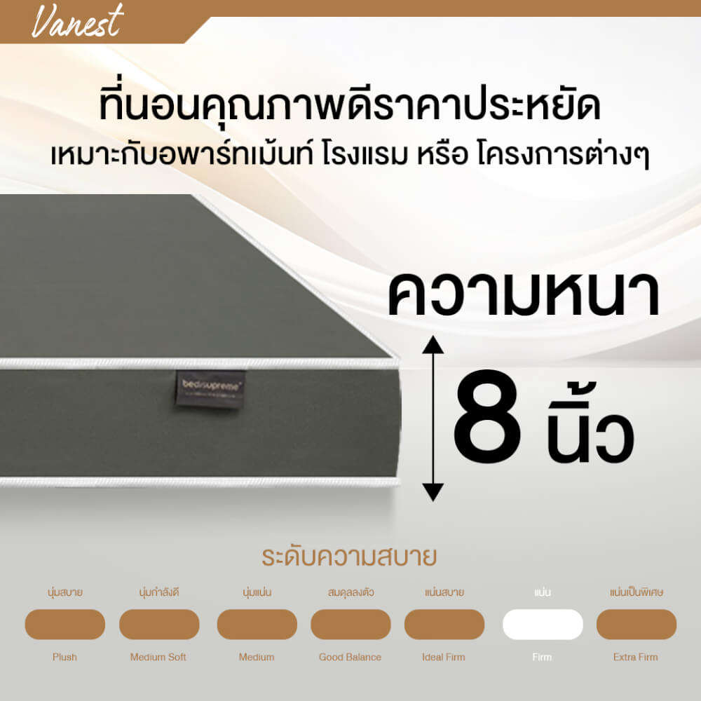 ที่นอนยางPE 6 ฟุต BEDIUPREME หุ้มหนังPVC สีเทา รุ่น VANEST หนา 8 นิ้ว