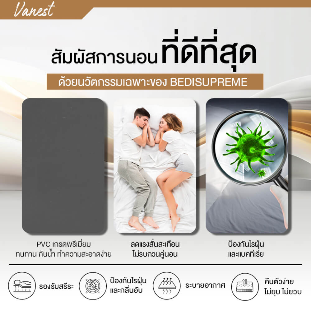 ที่นอนยางPE 3.5 ฟุต BEDIUPREME หุ้มหนังPVC สีเทา รุ่น VANEST หนา 8 นิ้ว