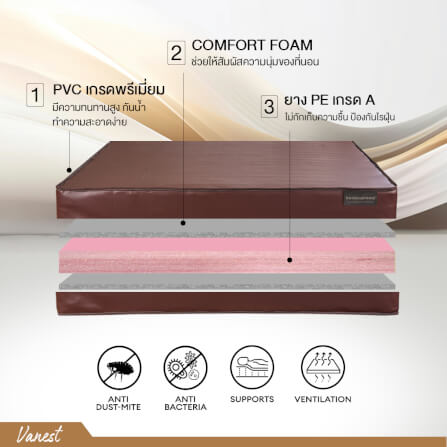 ที่นอนยางPE 3 ฟุต BEDIUPREME หุ้มหนังPVC สีน้ำตาล รุ่น VANEST หนา 6 นิ้ว_2