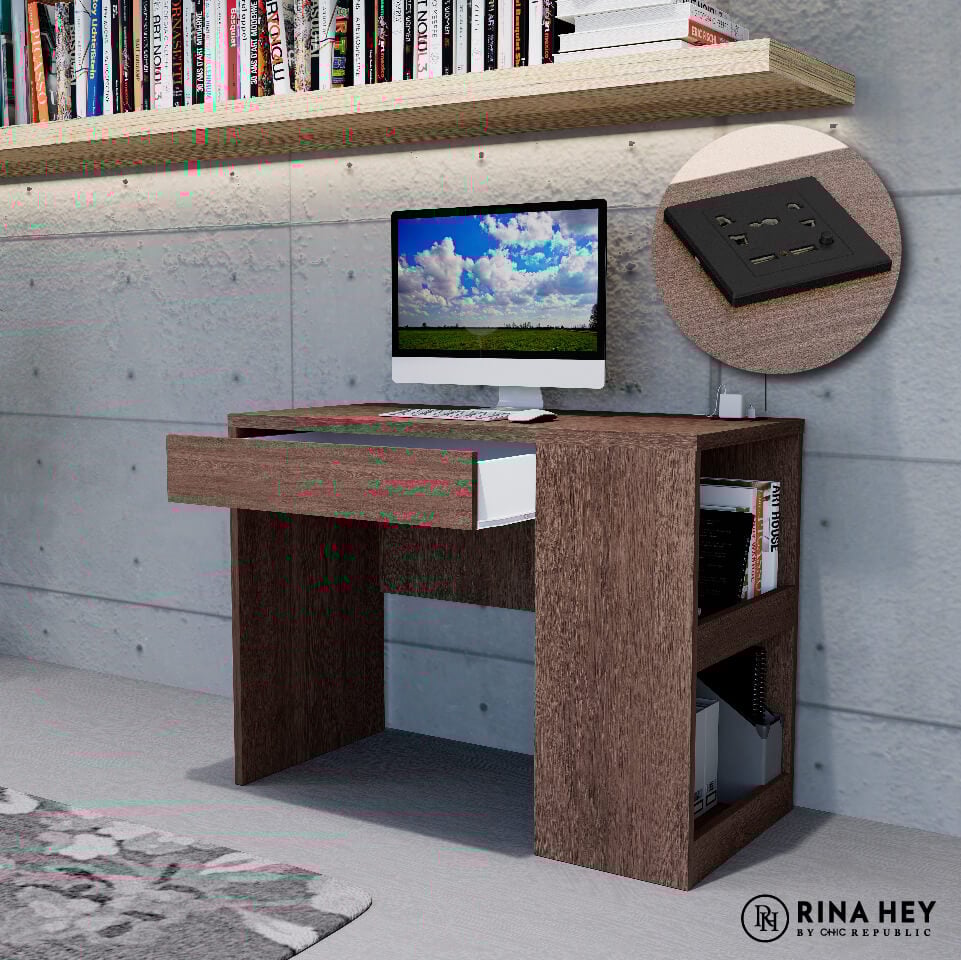 โต๊ะทำงานพร้อมที่ชาร์จUSB+ปลั๊กไฟ RINA HEY รุ่น VOX-PLUS/100 สีวอลนัทเข้ม