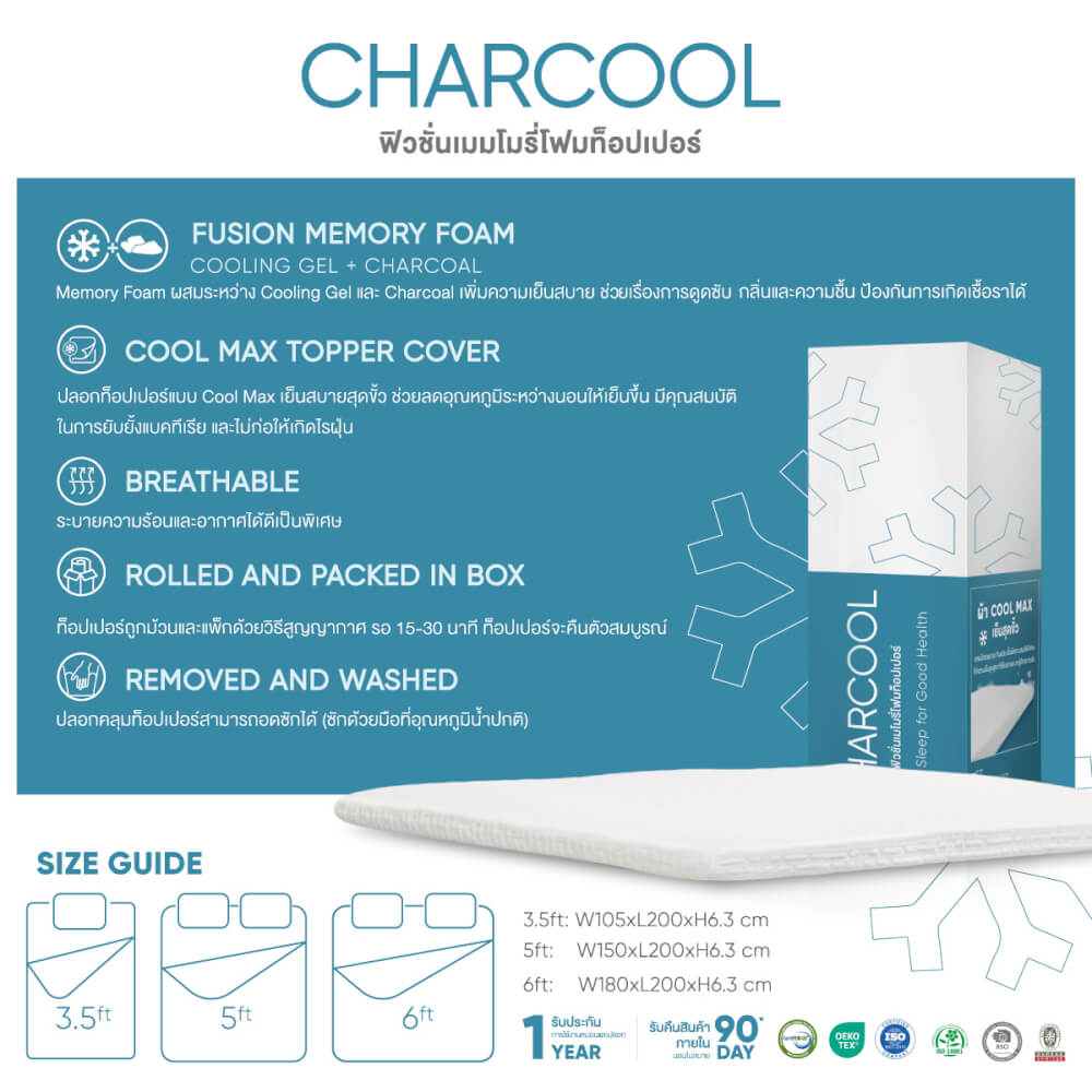 แผ่นรองนอนเมมโมรี่โฟม 6FT RINA HEY รุ่น CHARCOOL/180 สีขาว