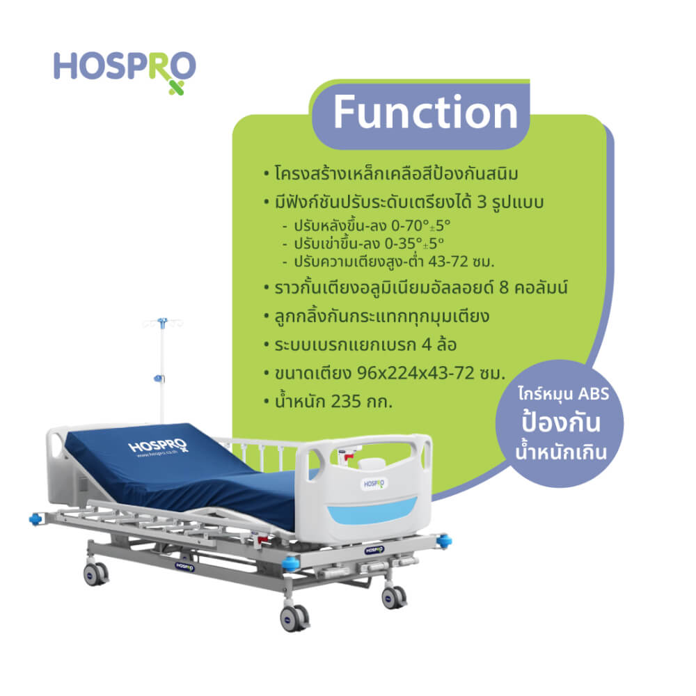 เตียงผู้ป่วยมือหมุน HOSPRO รุ่น H-MB294 3F8 3 ไกร์ 3 ฟังก์ชัน_3