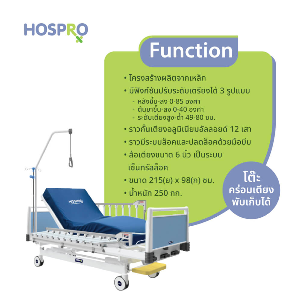 เตียงผู้ป่วยมือหมุน 3 ไกร์ 3 ฟังก์ชัน HOSPRO รุ่น H-MB313 3F BLUE_5