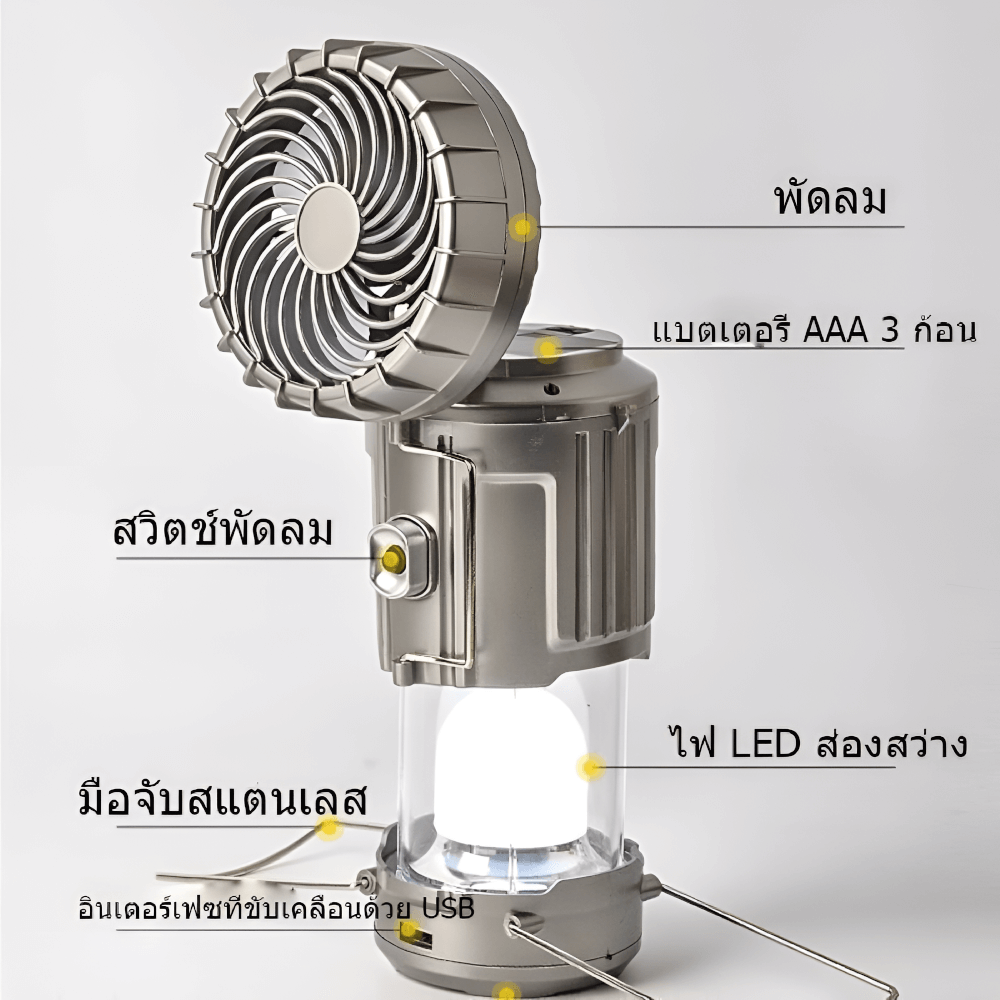 โคมไฟตั้งแคมป์ไฟฉาย + พัดลมไฟฟ้า SOLAR 3IN1 THAI SUN SPORT รุ่น CP0039
