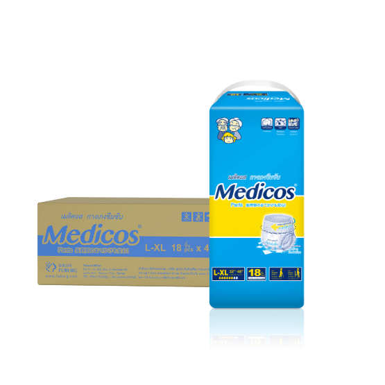MEDICOS เมดิคอส ผ้าอ้อมผู้ใหญ่กางเกง L-XL 18 ชิ้น 4แพ็ค/ลัง (72ชิ้น)