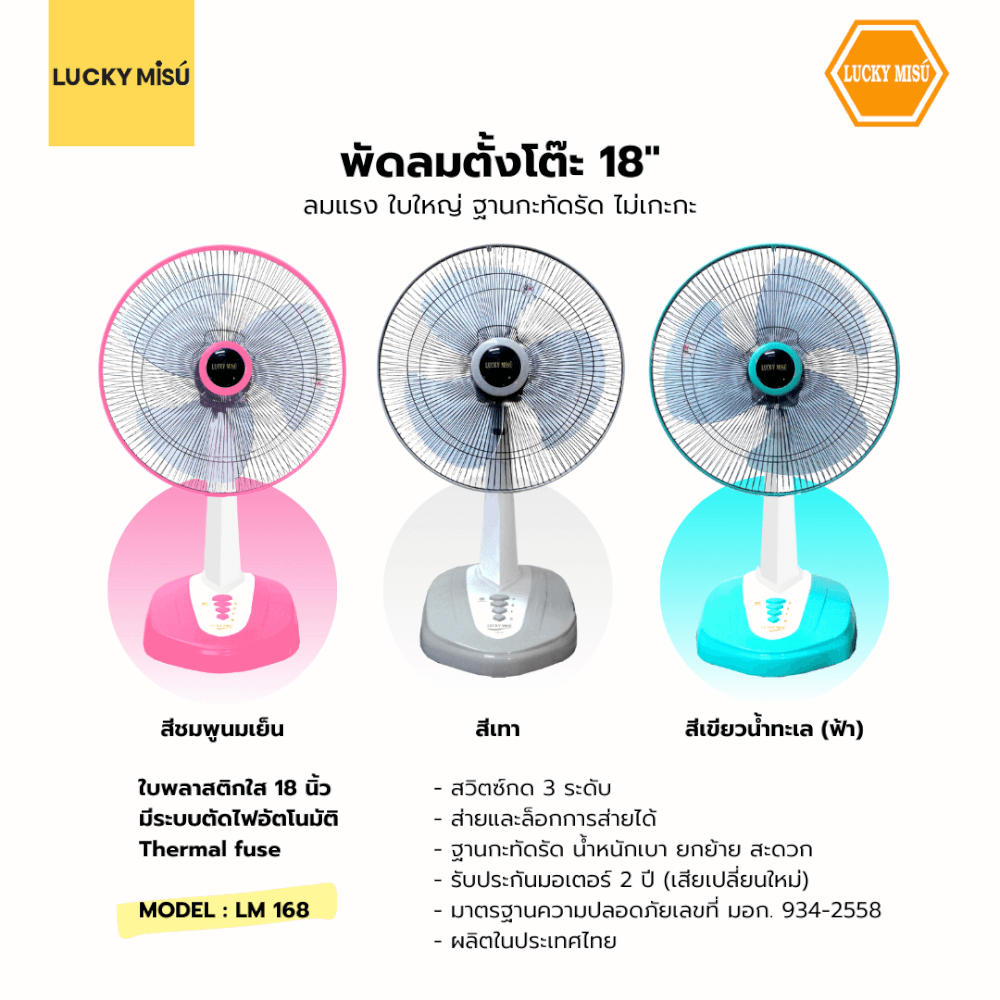 พัดลมตั้งโต๊ะ 18 นิ้ว LUCKY MISU LM168 สีชมพู_1