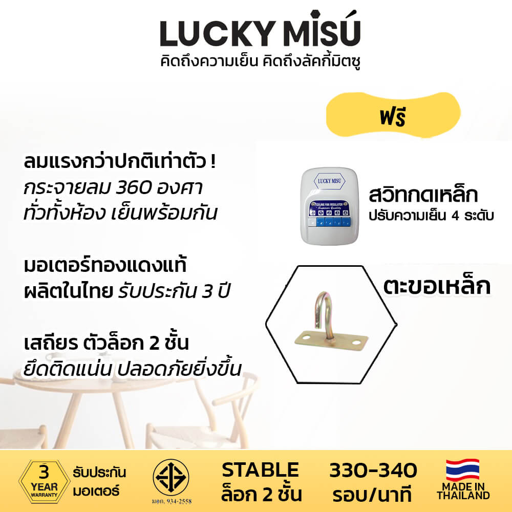 พัดลมติดเพดาน ขนาด 48 นิ้ว ลัคกี้มิตซู รุ่น LM48 สีขาว (รุ่นลมแรง ก้านยาว 1.5 เมตร,ปรับความเย็น 4 ระดับ)_2