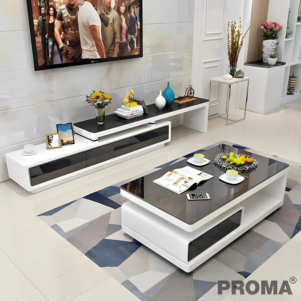 [Pre-order] โต๊ะกลาง ท็อปกระจกสีดำ Proma-TVS-08-01 สีดำ/ขาว_6