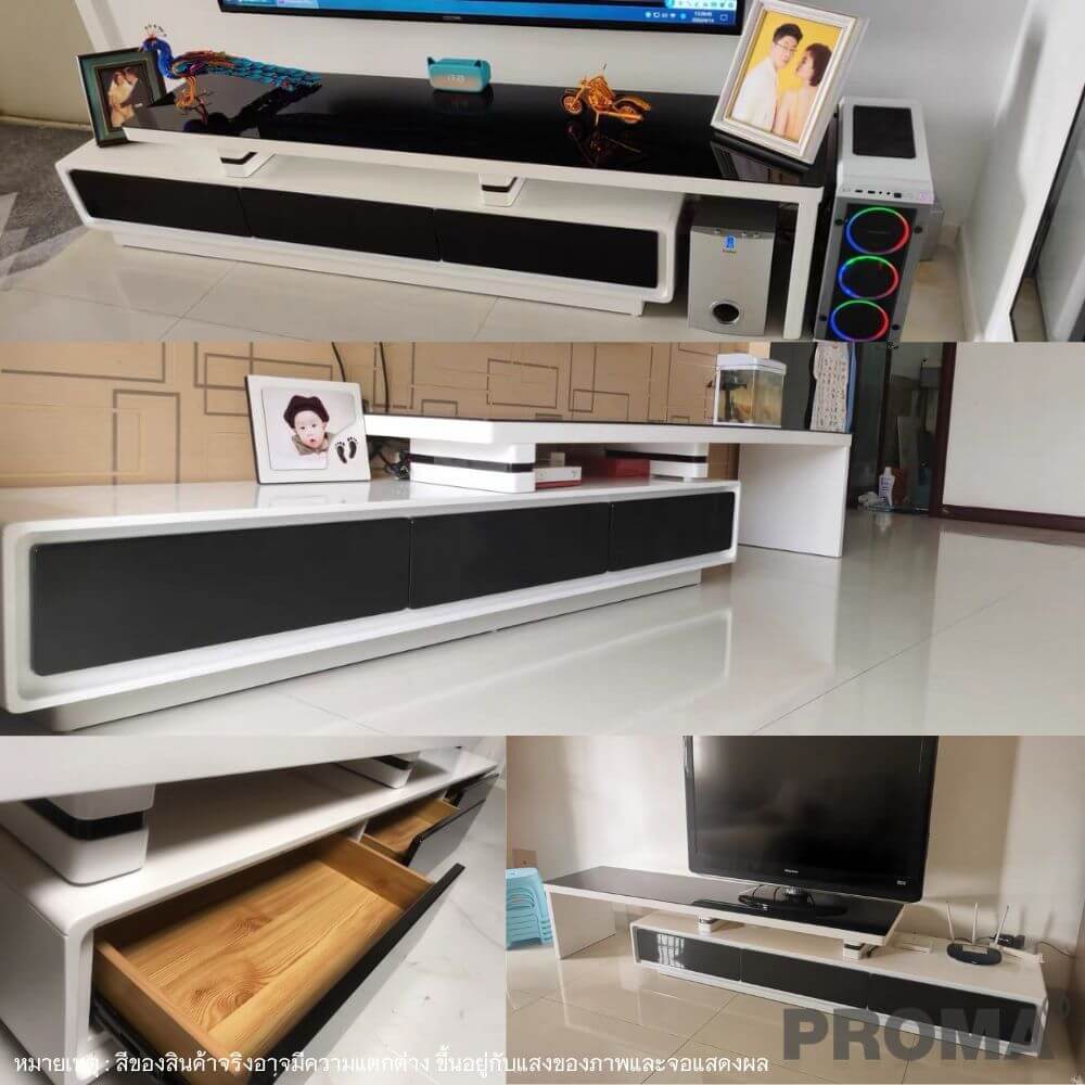[Pre-order] ชั้นวางทีวี ท็อปกระจกสีดำ Proma-TVS-08-02 สีดำ/ขาว