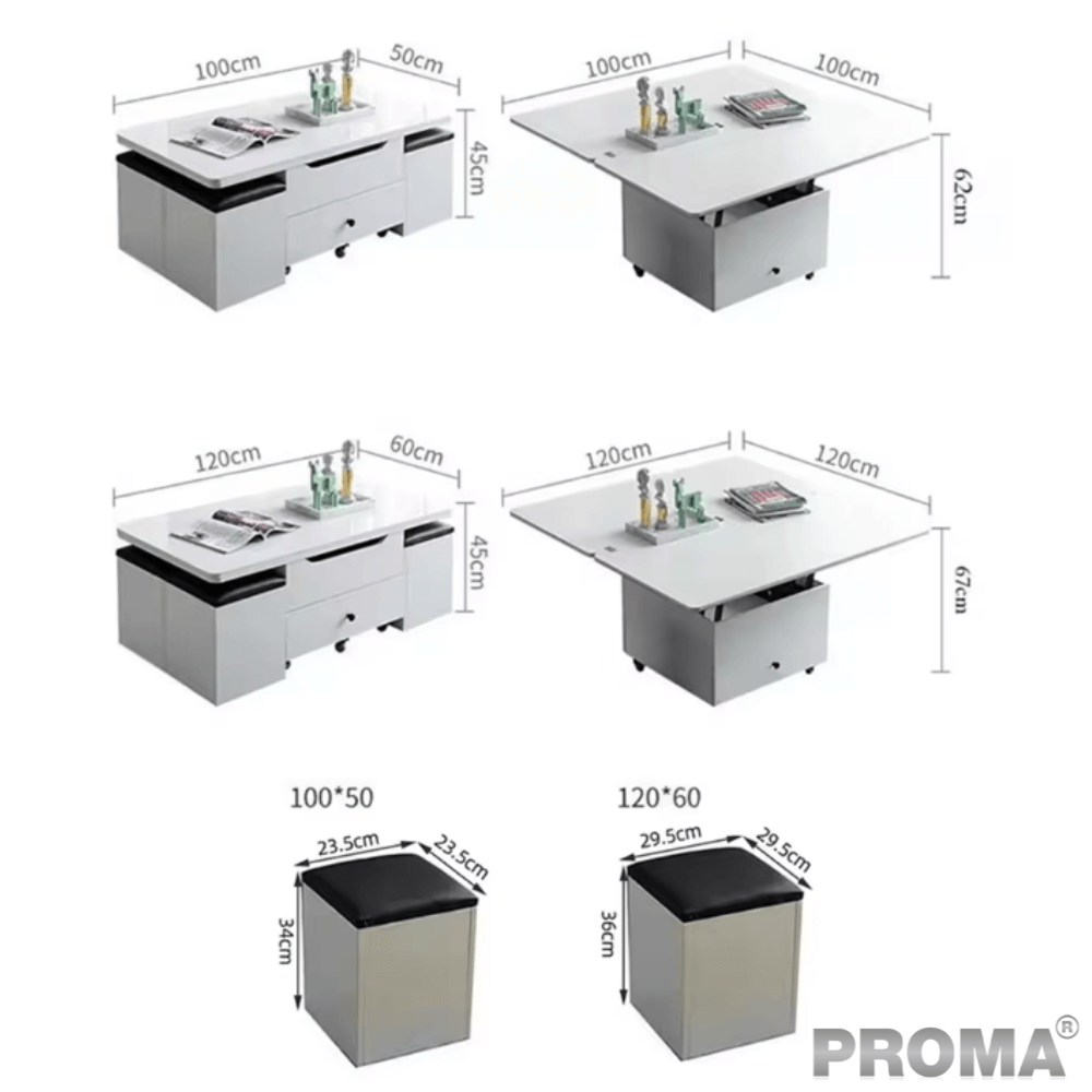 [Pre-order] โต๊ะกลางมัลติฟังก์ชันพับได้ 3in1 พร้อมเก้าอี้สตูล 4ตัว PROMA-CTB-11 สีขาว