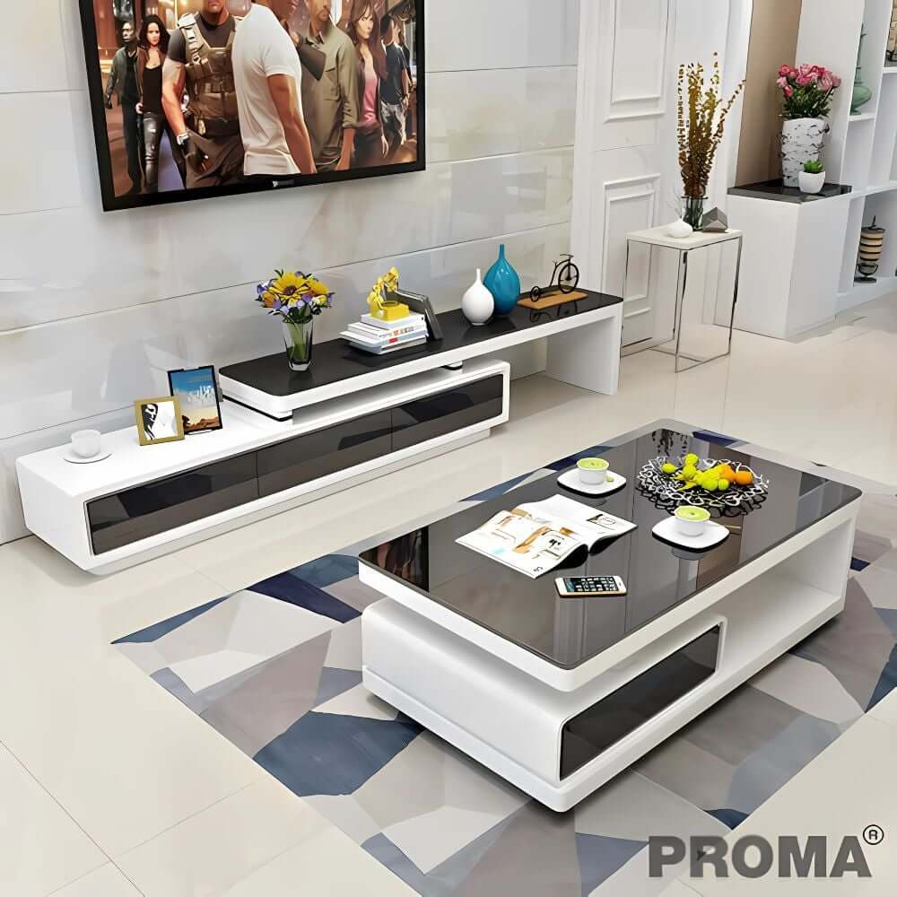 [Pre-order] ชั้นวางทีวี ท็อปกระจกสีดำ Proma-TVS-08-02 สีดำ/ขาว