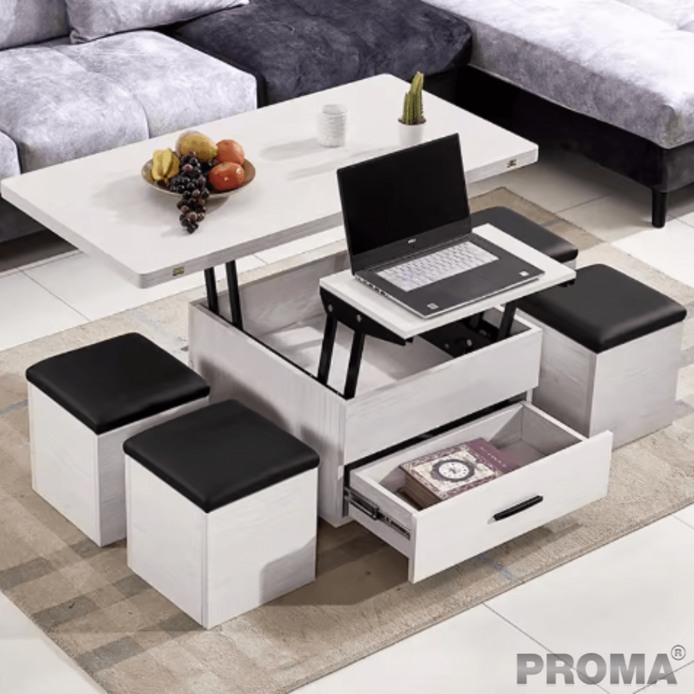 [Pre-order] โต๊ะกลางมัลติฟังก์ชันพับได้ 3in1 พร้อมเก้าอี้สตูล 4ตัว PROMA-CTB-11 สีขาว