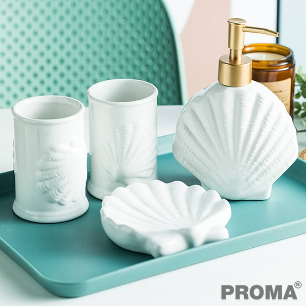 [Pre-order] ชุดอุปกรณ์ห้องน้ำลายเปลือกหอย 4 ชิ้น PROMA-WS02-S1 สีขาว (ไม่มีถาด)