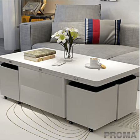 [Pre-order] โต๊ะกลางมัลติฟังก์ชันพับได้ 3in1 พร้อมเก้าอี้สตูล 4ตัว PROMA-CTB-11 สีขาว_1