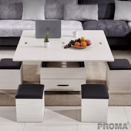 [Pre-order] โต๊ะกลางมัลติฟังก์ชันพับได้ 3in1 พร้อมเก้าอี้สตูล 4ตัว PROMA-CTB-11 สีขาว_2