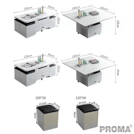 [Pre-order] โต๊ะกลางมัลติฟังก์ชันพับได้ 3in1 พร้อมเก้าอี้สตูล 4ตัว PROMA-CTB-11 สีขาว_3
