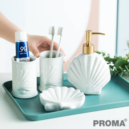 [Pre-order] ชุดอุปกรณ์ห้องน้ำลายเปลือกหอย 4 ชิ้น PROMA-WS02-S1 สีขาว (ไม่มีถาด)_5