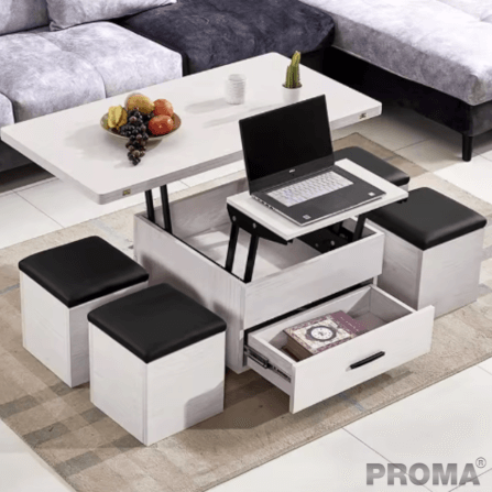 [Pre-order] โต๊ะกลางมัลติฟังก์ชันพับได้ 3in1 พร้อมเก้าอี้สตูล 4ตัว PROMA-CTB-11 สีขาว_6