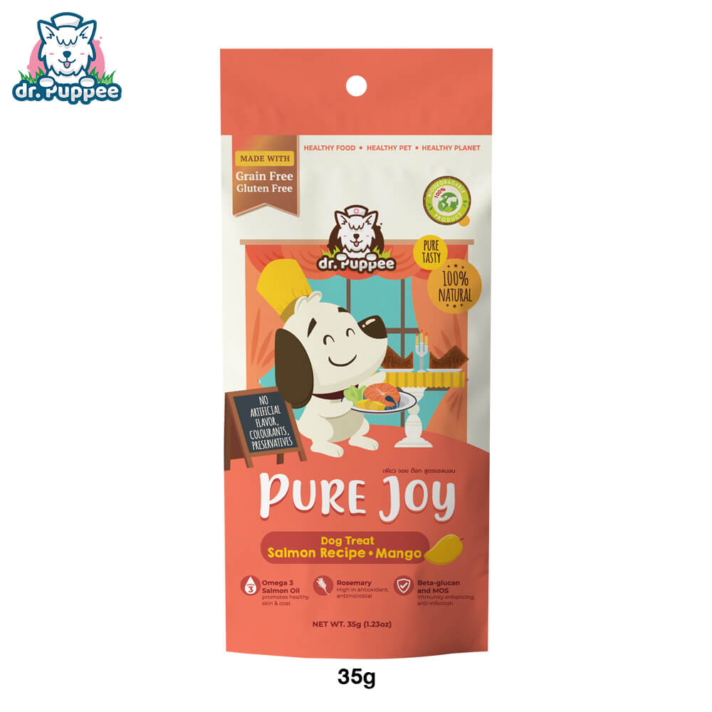 ขนมสุนัขเพื่อสุขภาพ PURE JOY DOG SALMON MANGO สูตรแซลมอน+มะม่วง (GRAIN-FREE) (35G)