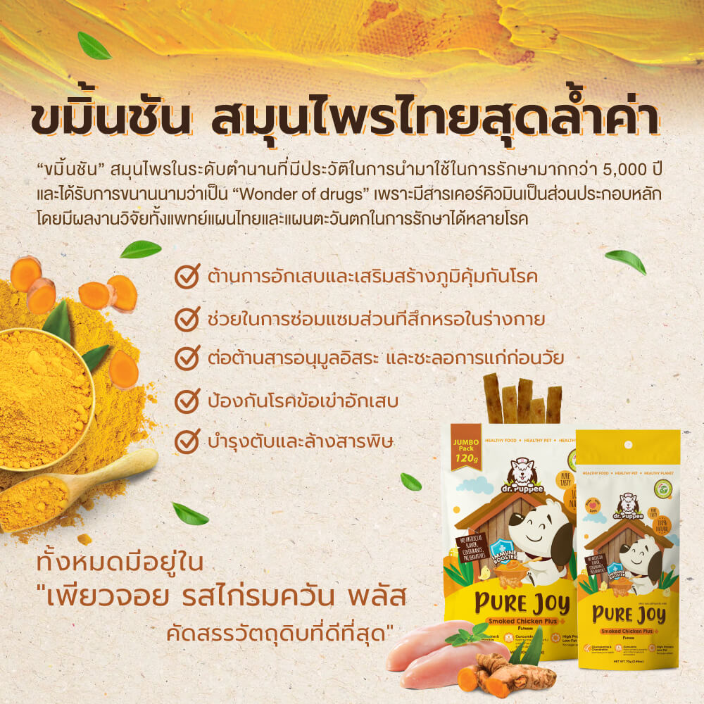 ขนมสุนัขเพื่อสุขภาพ PURE JOY DOG SMOKED CHICKEN PLUS+ สูตรไก่รมควันพลัส+ขมิ้นชัน (70G)