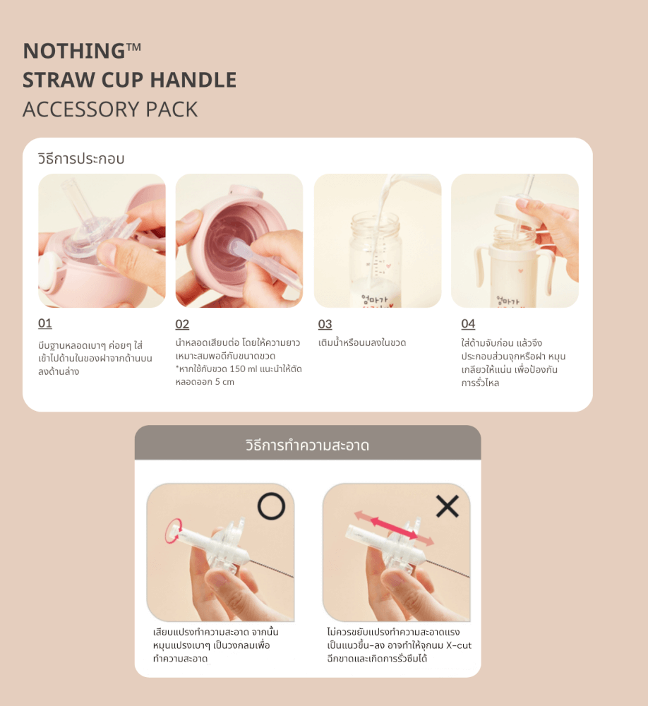 ชุดหลอดหัดดูดพร้อมมือจับ สำหรับแก้วหัดดื่ม HAENIM - NOTHING™ สีขาว