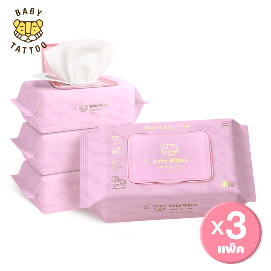 ทิชชู่เปียกผ้าแคชเมียร์ BABY TATTOO พรีเมียม 90 แผ่น 3 แพ็ค