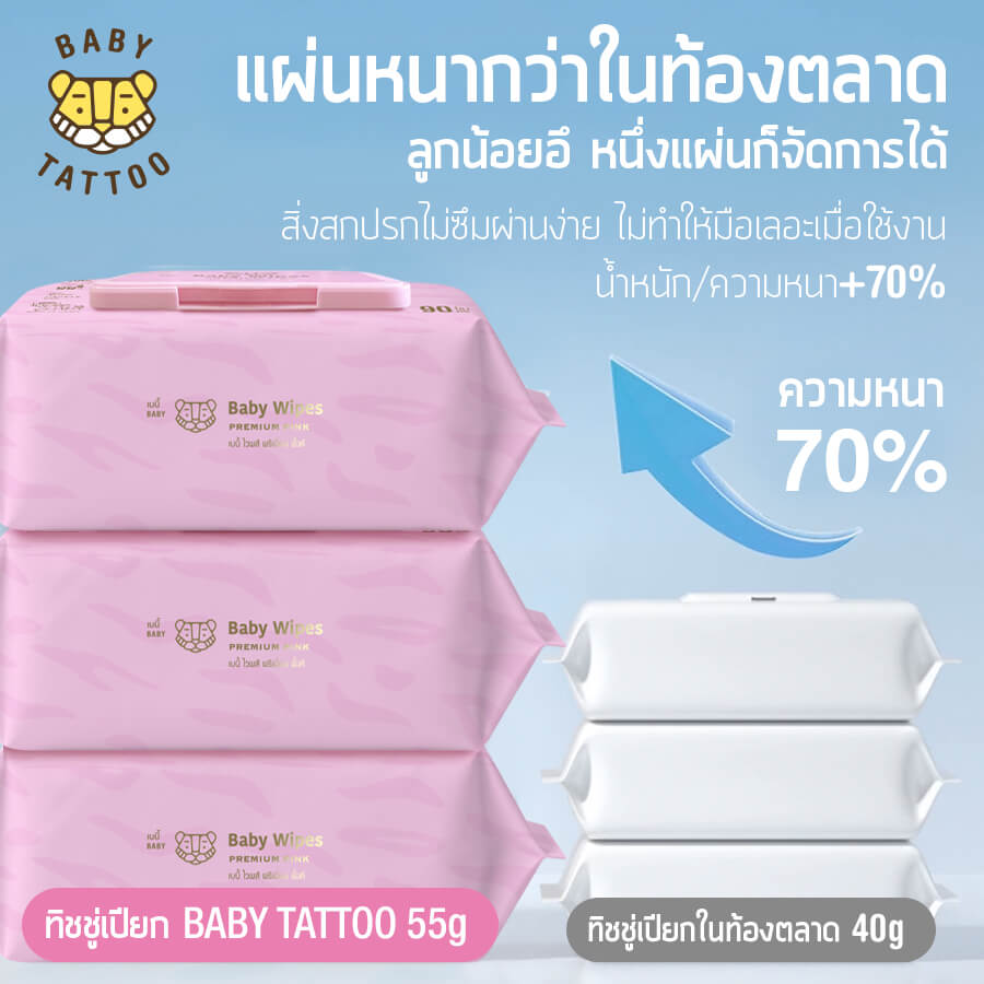 ทิชชู่เปียกผ้าแคชเมียร์ BABY TATTOO พรีเมียม 90 แผ่น 5 แพ็ค
