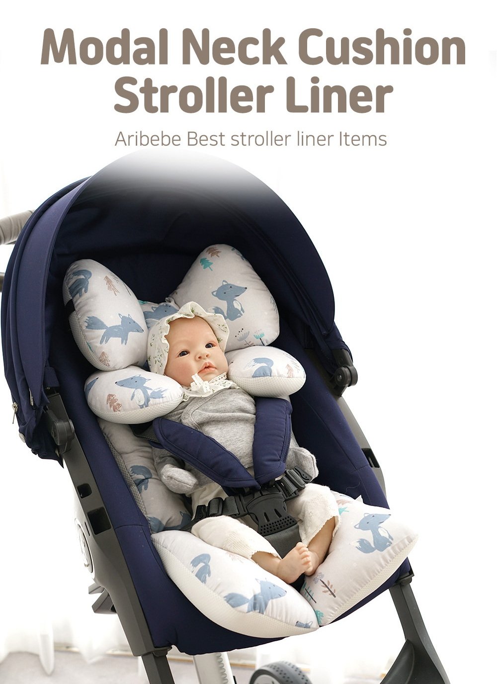 เบาะรองรถเข็น คาร์ซีท ARIBEBE ผ้า MICROMODAL ลายสุนัขจิ้งจอก ฟ้า/ขาว_1