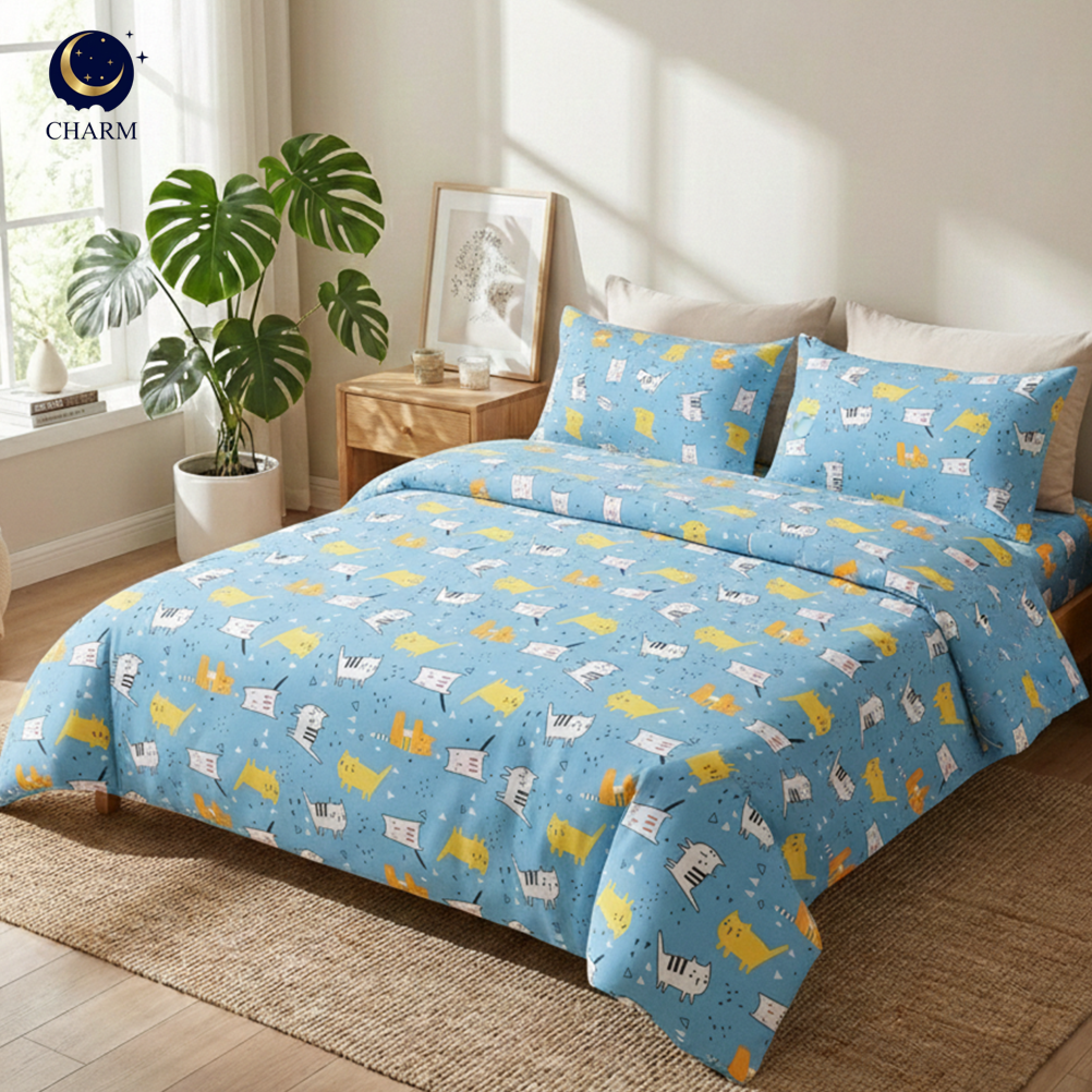 ชุดผ้าปูที่นอน 6 ฟุต 4 ชิ้น CHARM คอลเลคชั่น DREAMY ลาย CAT JOY_2