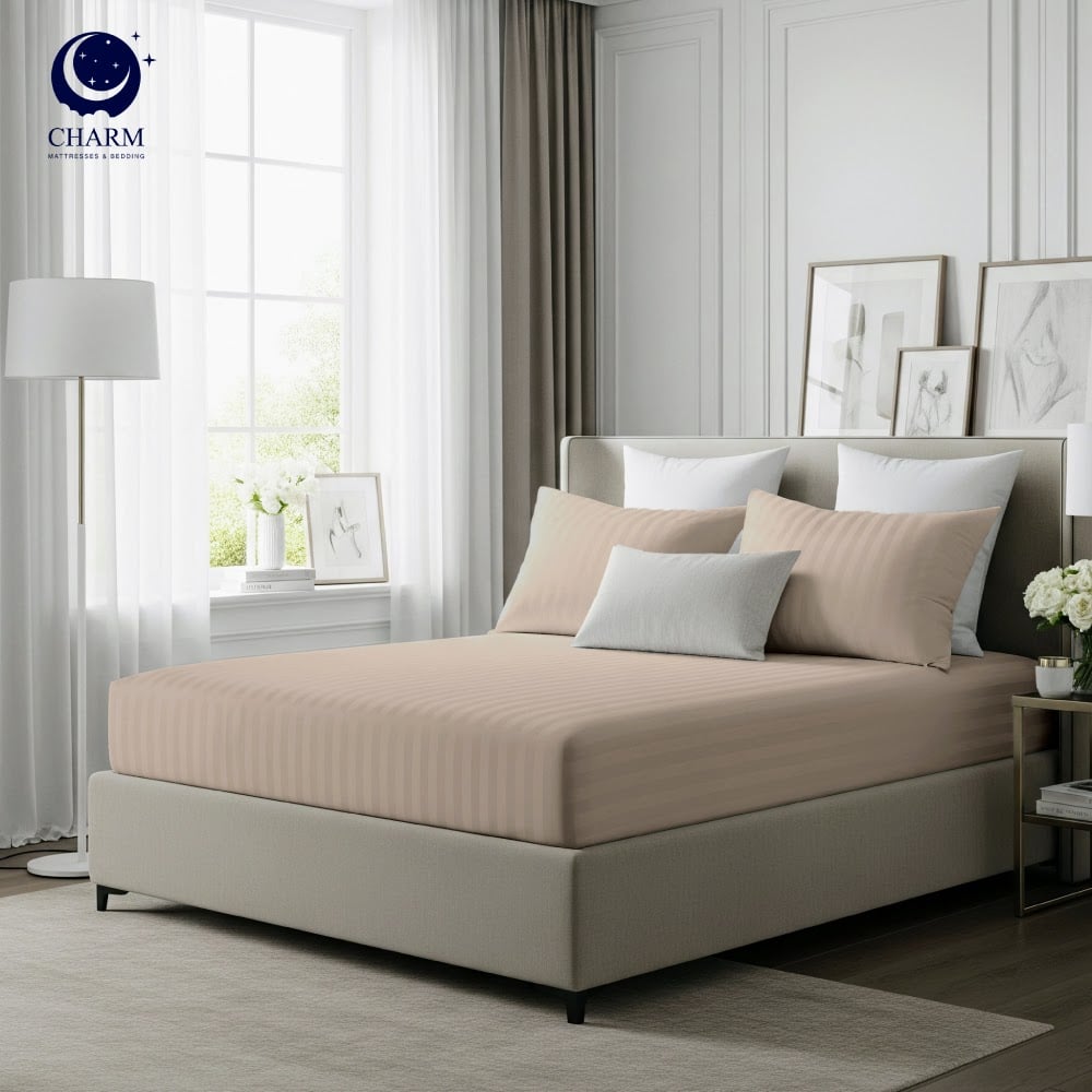 ผ้าปูที่นอน CHARM ผ้าซาตินลายริ้ว สีเบจ ขนาด 3.5 ฟุต_0