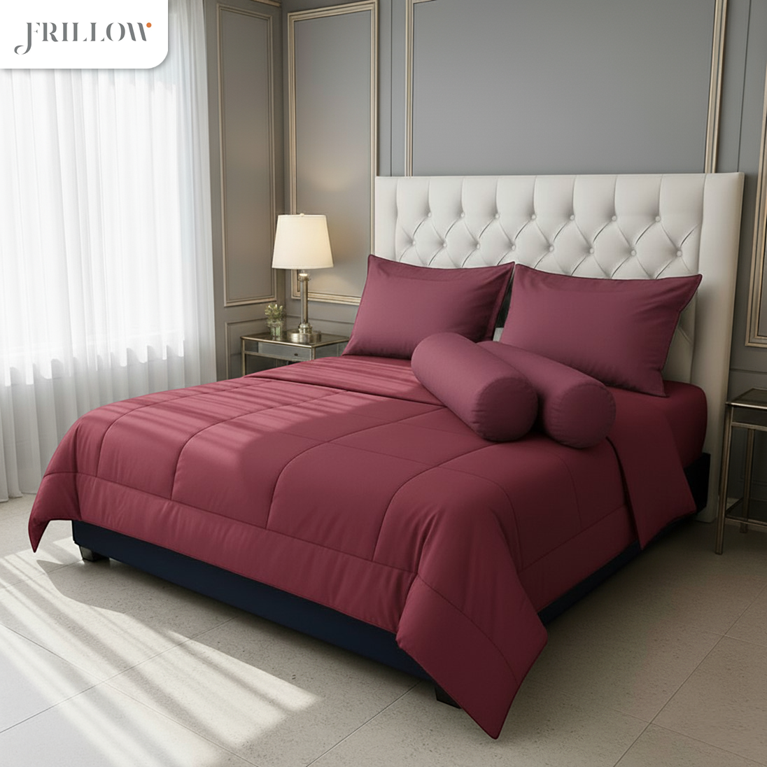 ชุดผ้าปูที่นอน 6ฟุต 6 ชิ้น FRILLOW 720TC COTTON SILK สี  LOVE BURGUNDY_1