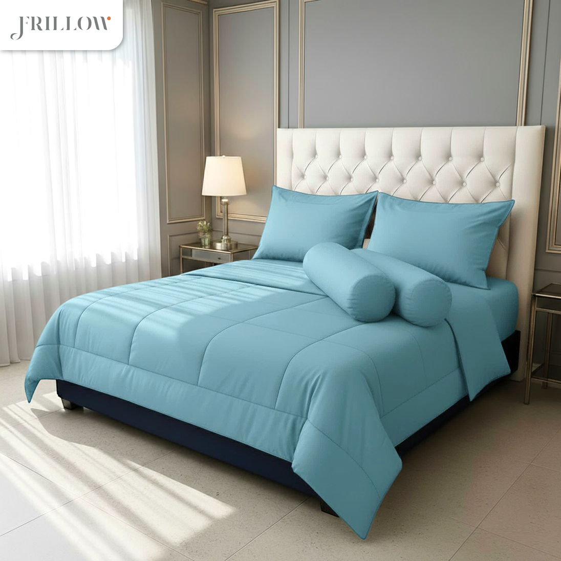 ชุดผ้าปูที่นอน 6ฟุต 6 ชิ้น FRILLOW 720TC COTTON SILK สี  DAWN BLUE_1