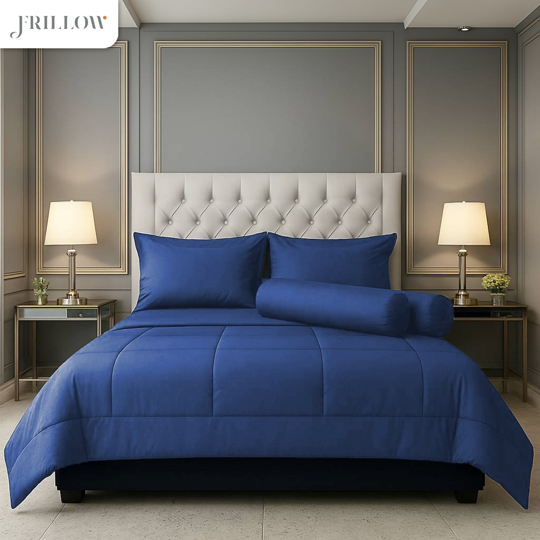 ชุดผ้าปูที่นอน 5ฟุต 6 ชิ้น FRILLOW 720TC COTTON SILK สี  น้ำเงิน_3