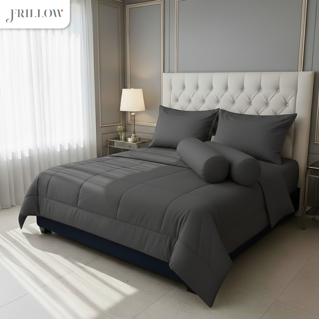 ชุดผ้าปูที่นอน 5ฟุต 6 ชิ้น FRILLOW 720TC COTTON SILK สี  เทาเข้ม_7