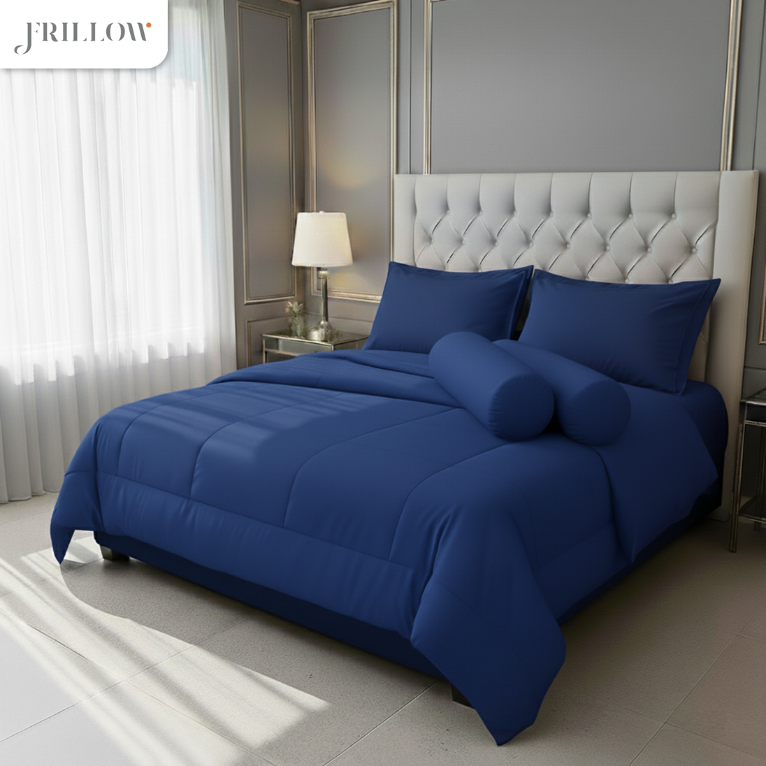 ชุดผ้าปูที่นอน 6ฟุต 6 ชิ้น FRILLOW 720TC COTTON SILK สี  น้ำเงิน_7