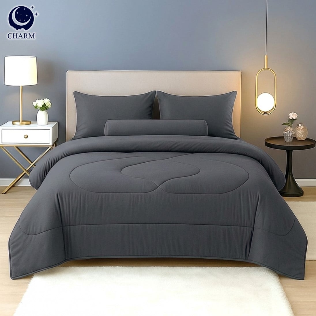 ชุดผ้าปูที่นอน 6 ฟุต 6 ชิ้น CHARM สี DARK GREY คอลเลคชั่น CLASSIC_6