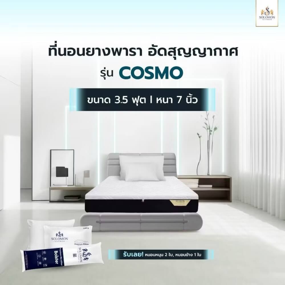 ที่นอนยางพารา 3.5 ฟุต SOLOMON รุ่น Cosmo หนา 7 นิ้ว แถมหมอนหนุน 2 ใบ หมอนข้าง 1 ใบ