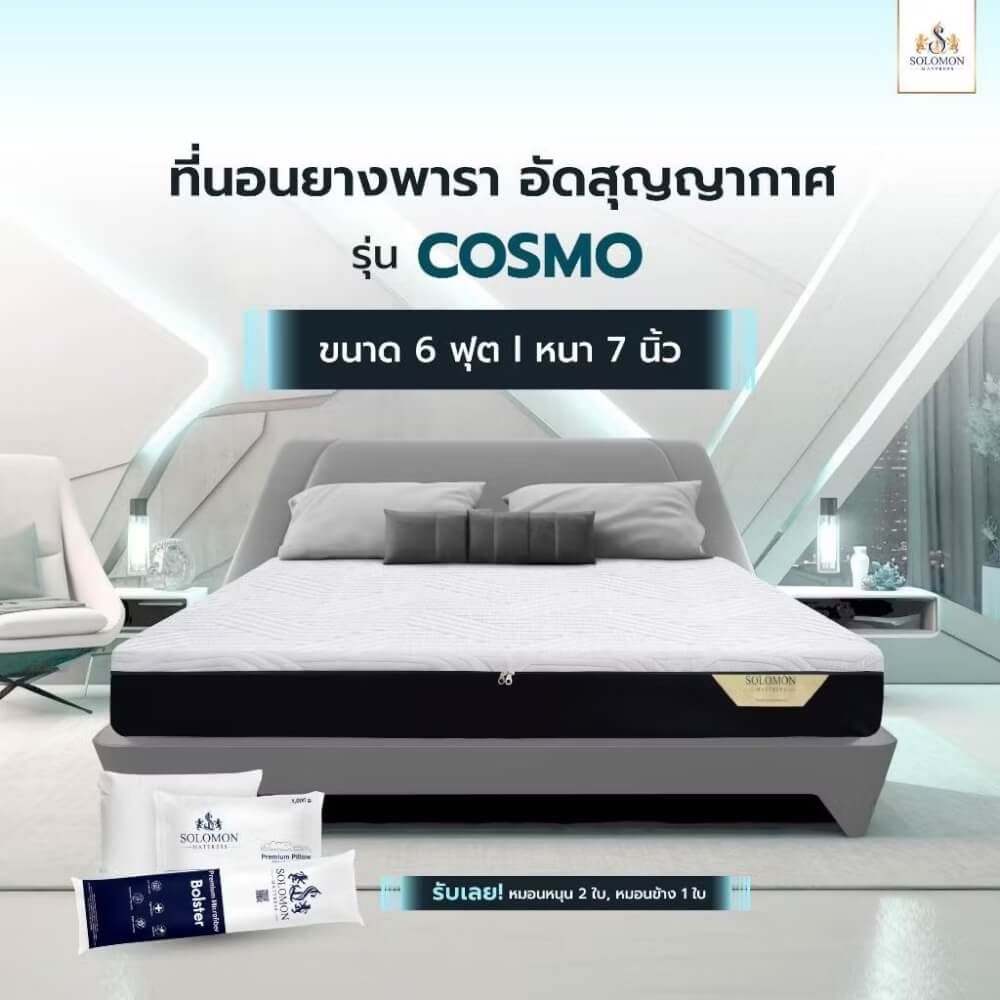 ที่นอนยางพารา 6 ฟุต SOLOMON รุ่น Cosmo หนา 7 นิ้ว แถมหมอนหนุน 2 ใบ หมอนข้าง 1 ใบ