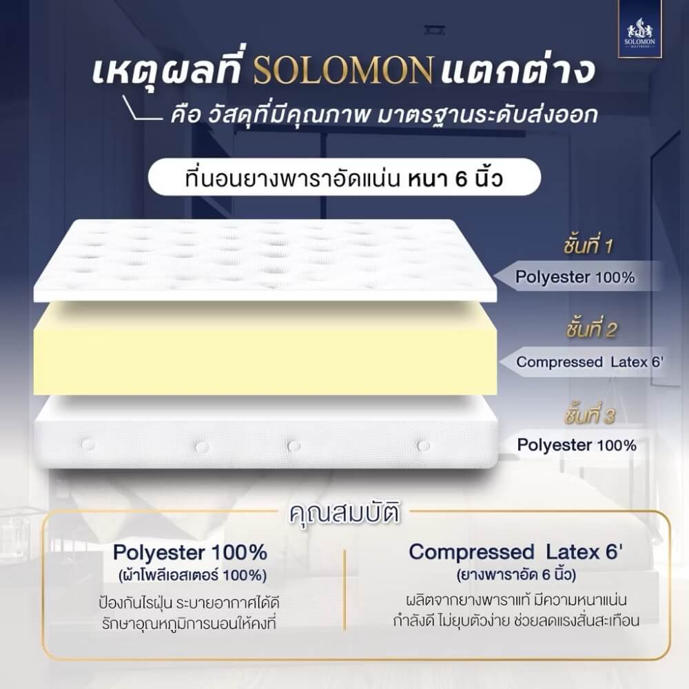 ที่นอนยางพารา 5 ฟุต SOLOMON รุ่น Para Southern หนา 6 นิ้ว แถมหมอนหนุน 2 ใบ หมอนข้าง 1 ใบ