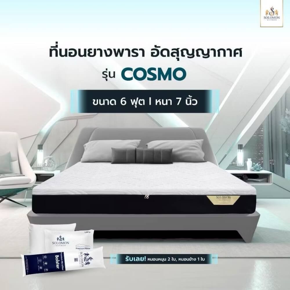 ที่นอนยางพารา 6 ฟุต SOLOMON รุ่น Cosmo หนา 7 นิ้ว แถมหมอนหนุน 2 ใบ หมอนข้าง 1 ใบ