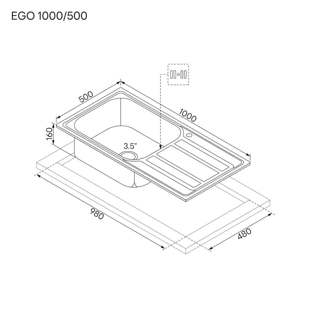 ซิงค์ล้างจานสแตนเลส 1 หลุม มีที่พัก EVE EGO 1000/500 ขนาด 100 เซนติเมตร